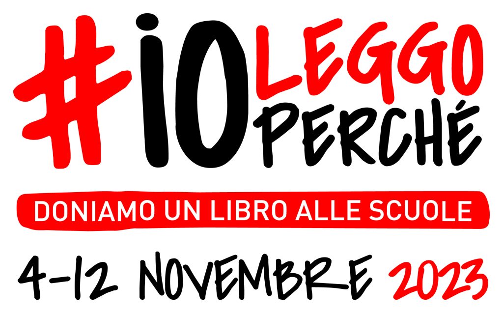 Logo dell'iniziativa Io Leggo Perché, con sottotitolo "doniamo un libro alle scuole" e date 4-12 novembre 2023