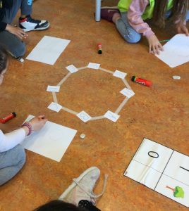 Bambine e bambini misurano il perimetro di forme geometriche, formate con nastro adesivo sul pavimento, utilizzando la colla e il proprio pollice come unità di misura